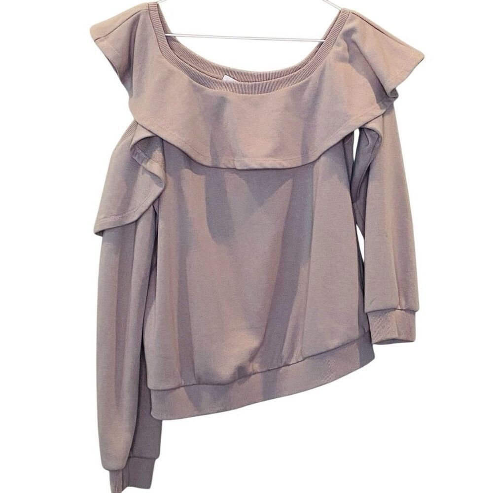 LUSH Long Sleeve Ribbed Cotton Blend One Shoulder Ruffle Sweatshirt Beige XS